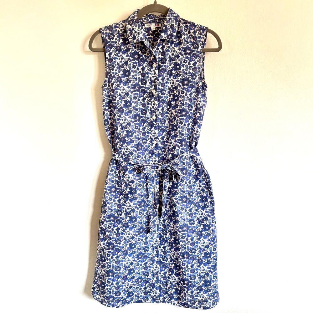 Liberty of London Blue Floral Sleeveless Shirt Dress with Tie - Linen - XS
